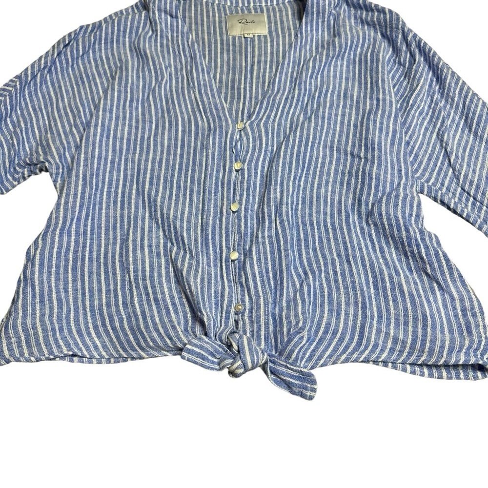 Rails Sloane Linen Blend Top Medium Blue Button Up Striped Front Tie Blouse - Picture 5 of 12